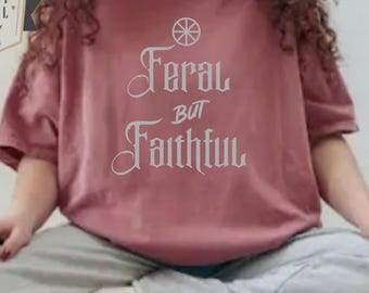 Feral-but-Faithful Christian T-Shirt: Unisex Comfort Colors Vintage Graphic Tee, Ichthus Wheel Shirt, Gothic Print Font