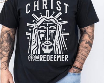 Christ Redeemer Tee Shirt: Bible Verse ΙΧΘΥΣ Gift Shirt, Unisex Monochrome Linocut Top