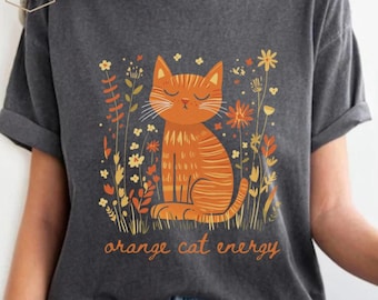 Comfort Colors Orange Cat T-Shirt: Boho Floral Cat Lover Gift, Ginger Tabby Shirt