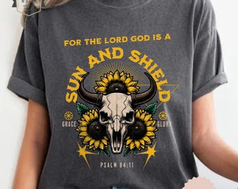 Christ Wheel ‘Sun & Shield’ Christian Tee Shirt | Casual Bible Verse Tee, Comfort Colors Sunflower Western Top, Religious Event Shirt