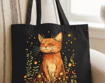 Orange Tabby Tote Bag, Floral Cat Print, Reusable Canvas Shopping Bag, 'Ain't No Kitty Like the Orange I Love', Cat Lover Gift, Grocery Bag