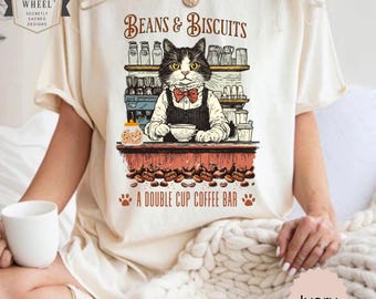 Tuxedo-Cat + Coffee Lovers Unisex Shirt, Cute Kitty Barista Tee, Coffee Beans & Biscuits T-Shirt for Black + White Cat owner gift