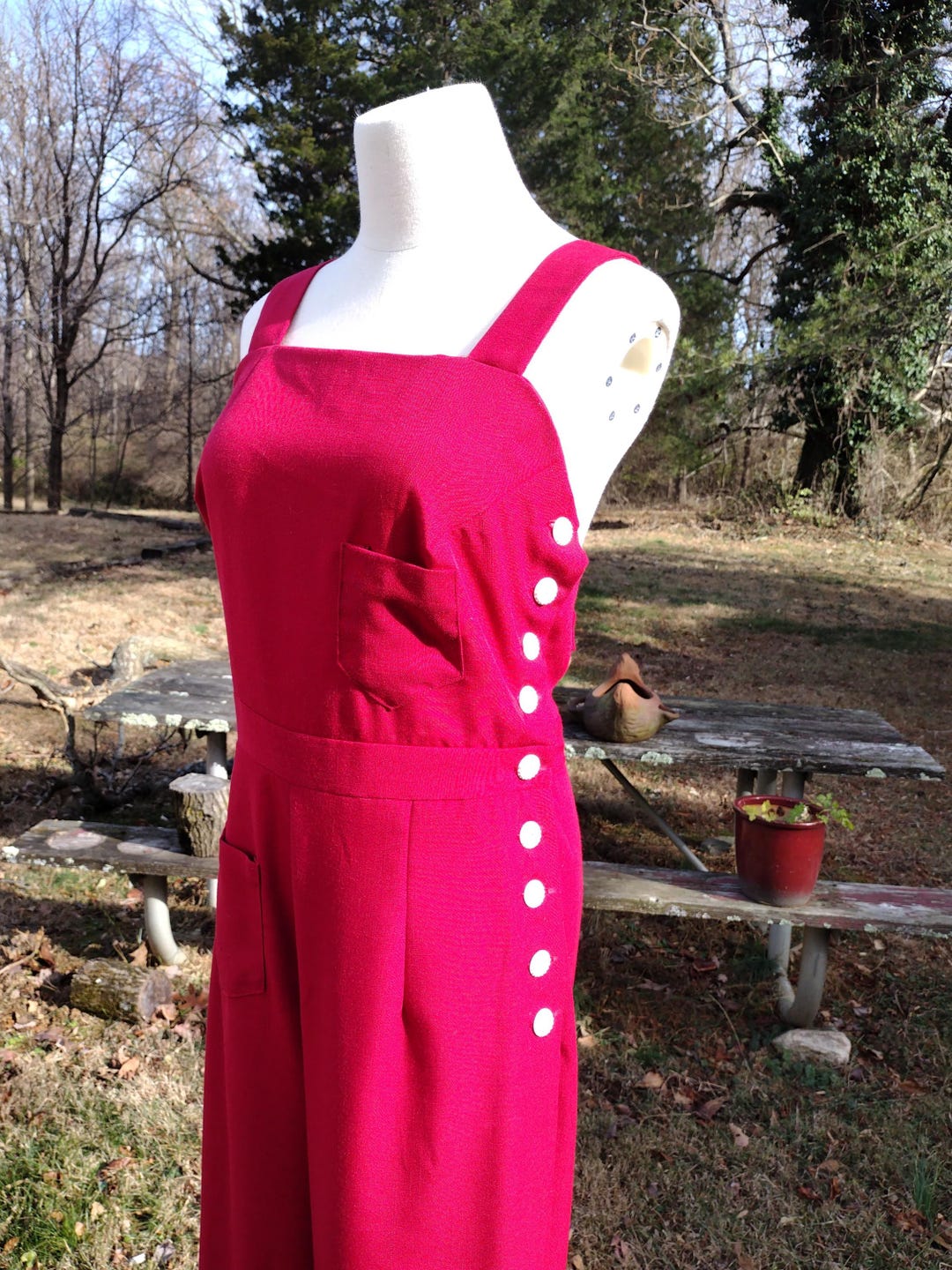 Overalls Button Texture 40s Style Overalls Side Button Closure Red Linen Blend Vintage Buttons ...
