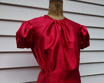 40s style red vintage satin blouse early 40s puffed sleeves volup