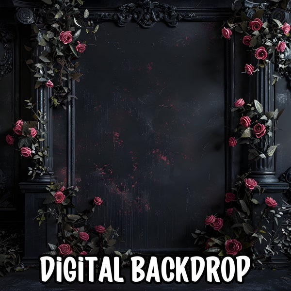 Digital backdrop, Beautiful gothic Background for photo editing, minimalistic floristic black background,  dark floral backdrop 300 DPI, PNG