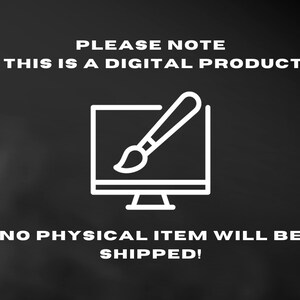 Puede incluir: Un icono blanco de un monitor de ordenador con un pincel dentro, sobre un fondo negro. El texto "PLEASE NOTE THIS IS A DIGITAL PRODUCT NO PHYSICAL ITEM WILL BE SHIPPED!" est&aacute; escrito en blanco.