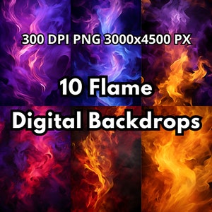 Puede incluir: Un conjunto de 10 fondos digitales de llamas, cada uno con un dise&ntilde;o de llama diferente en tonos de rojo, naranja, amarillo, azul y morado. Los fondos son archivos PNG de 300 DPI, que miden 3000x4500 p&iacute;xeles.