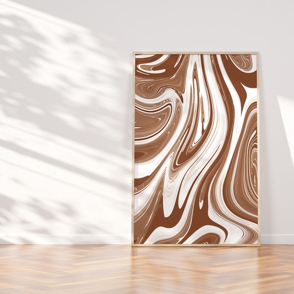 Brown and White Marble Swirl Print, Funky Wavy Paint Abstract Poster, Retro Style Wall Art, 60s 70s Psychedelic Art, DIGITAL DOWNLOAD