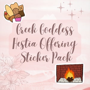 Puede incluir: Un paquete de pegatinas que presenta una chimenea con fuego y una colección de productos horneados, con el texto "Greek Goddess Hestia Offering Sticker Pack".