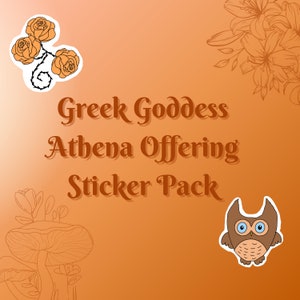 Puede incluir: Un paquete de pegatinas con un búho marrón con ojos azules, un ramo de rosas naranjas y el texto "Greek Goddess Athena Offering Sticker Pack".