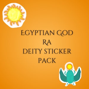 Puede incluir: Un paquete de pegatinas con el dios egipcio Ra. El paquete incluye dos pegatinas: un sol amarillo con rayos y un escarabajo azul con un sol en la espalda. El texto "EGYPTIAN GOD RA DEITY STICKER PACK" está escrito en negro.