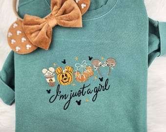 I'm Just A Girl Disney Fall Coquette Embroidered Sweatshirt| Mickey Embroidered Shirt|  Disney Fall Embroidered Sweatshirt| Disney Crewneck