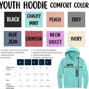 May include: A youth hoodie in various colors, including black, chalky mint, peach, and grey. The image displays color swatches, size charts, and hoodie features. The hoodie has a jersey-lined hood and a relaxed fit.