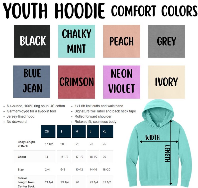 May include: A youth hoodie in various colors, including black, chalky mint, peach, and grey. The image displays color swatches, size charts, and hoodie features. The hoodie has a jersey-lined hood and a relaxed fit.