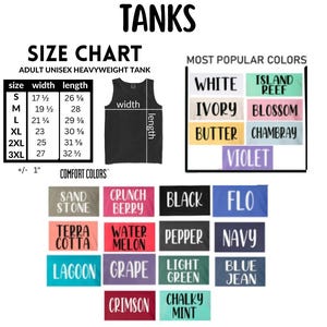 May include: Image features a size chart for adult unisex heavyweight tanks, with measurements in inches. It also displays a black tank top and a color palette including white, ivory, and black.