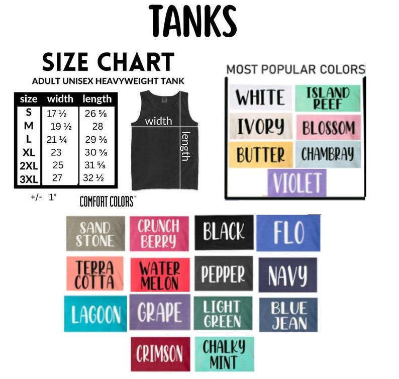 May include: Image features a size chart for adult unisex heavyweight tanks, with measurements in inches. It also displays a black tank top and a color palette including white, ivory, and black.