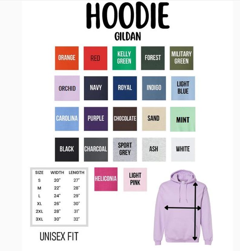 May include: A product image showcasing a Gildan hoodie with a size chart and color options. The available colors include orange, red, kelly green, forest green, military green, orchid, navy, royal, indigo, light blue, carolina, purple, chocolate, sand, mint, black, charcoal, sport grey, ash, and white.