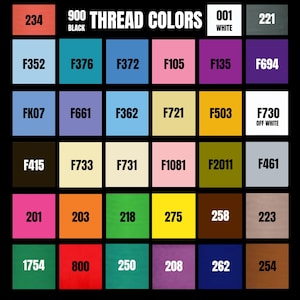 May include: A color chart displaying 900 thread colors. The chart features a grid of color swatches, each with a unique number and color name. The colors range from vibrant pinks and greens to muted browns and grays. The text "THREAD COLORS" is at the top.