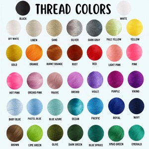 May include: A colour chart titled THREAD COLORS displaying forty-two circular swatches of embroidery thread in various shades including black, white, yellow, orange, red, pink, purple, blue, green, and brown, each labelled with its specific colour name.