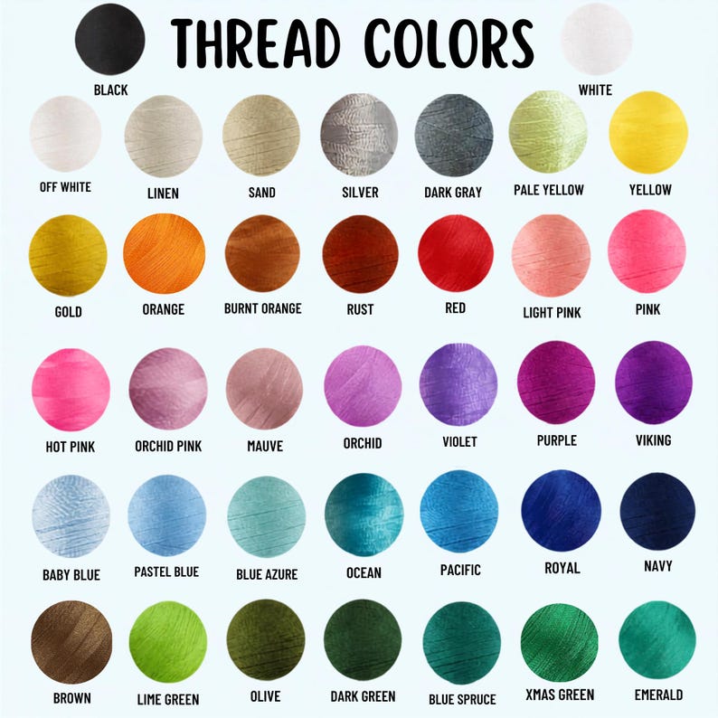 May include: A colour chart titled THREAD COLORS displaying forty-two circular swatches of embroidery thread in various shades including black, white, yellow, orange, red, pink, purple, blue, green, and brown, each labelled with its specific colour name.