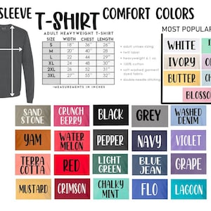 Peut inclure: Un t-shirt &agrave; manches longues gris fonc&eacute;, avec un tableau des tailles et des options de couleurs. Le tableau indique les mesures en pouces pour les tailles S &agrave; 3XL. Les options de couleurs incluent blanc, ivoire, beurre et fleur.