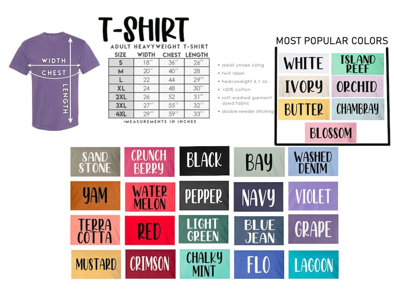 Peut inclure: Un t-shirt violet avec des tableaux de tailles et de couleurs. Le tableau des tailles indique les mesures en pouces pour la largeur, la poitrine et la longueur. Le tableau des couleurs affiche des couleurs populaires.