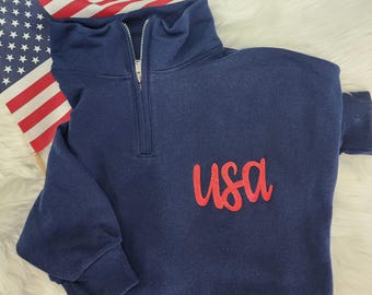 USA Embroidered Quarter Zip Sweatshirt| America Sweatshirt | 4th of July Shirt