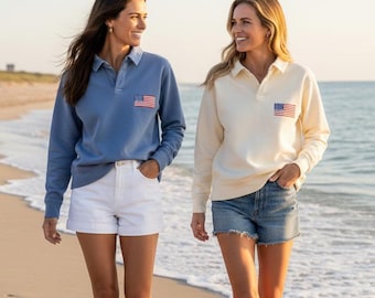 Embroidered American Flag Coastal Pullover | America Sweatshirt | 4th of July crewneck | Independence Day Shirt| Patriotic| 4th of July