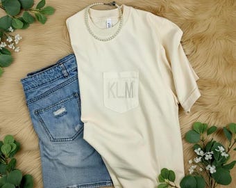 Monogrammed Pearl Comfort Colors Pocket Shirt| Custom Monogram Shirt| Personalized Gift