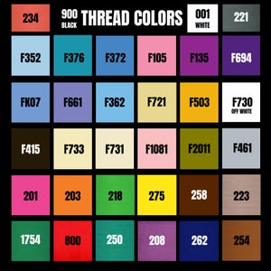Peut inclure: Un nuancier de 900 couleurs de fil. Le tableau pr&eacute;sente une grille d'&eacute;chantillons de couleurs, chacun avec un num&eacute;ro et un nom de couleur uniques. Les couleurs vont des roses et verts vifs aux bruns et gris sourds. Le texte "THREAD COLORS" est en haut.