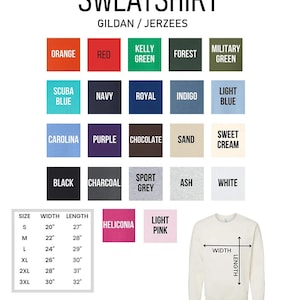 Peut inclure: Image d'un sweat-shirt Gildan/Jerzees avec des &eacute;chantillons de couleurs et un tableau des tailles. Les couleurs incluent orange, rouge, vert Kelly, for&ecirc;t, vert militaire, bleu scuba, marine, royal, indigo, bleu clair, Carolina, violet, chocolat, sable, cr&egrave;me douce, noir, charbon, gris sport, cendre, blanc, heliconia et rose clair.