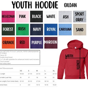 May include: A red youth hoodie with a hood and a pouch pocket. The image displays color swatches of available hoodie colors, including black, white, and navy. Measurements are provided in inches for body length, chest width, and sleeve length.