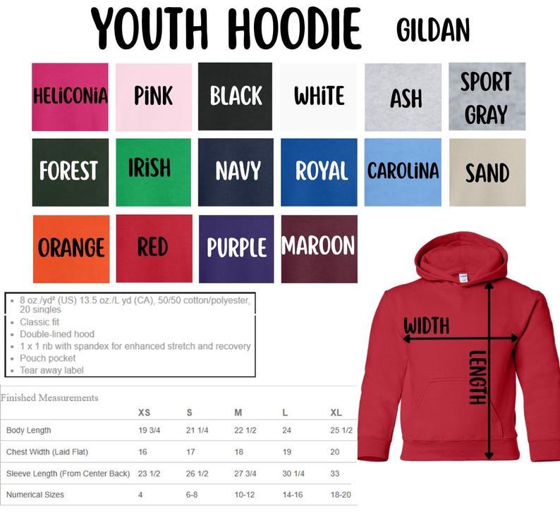 May include: A red youth hoodie with a hood and a pouch pocket. The image displays color swatches of available hoodie colors, including black, white, and navy. Measurements are provided in inches for body length, chest width, and sleeve length.