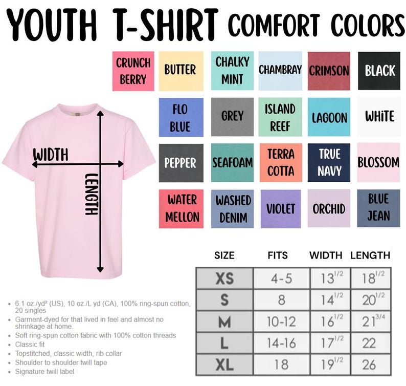 May include: A light pink youth t-shirt with measurements and color swatches. The shirt's width is 13 1/2 inches and length is 18 1/2 inches for size XS. Color options include Crunch Berry, Butter, Chalky Mint, and more. The shirt is made of soft ring-spun cotton.
