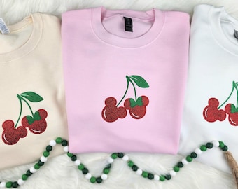 Mickey and Minnie Cherries Embroidered Sweatshirt| Disney Embroidered Shirt|  Disney Embroidered Sweatshirt| Disney Crewneck