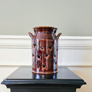 Dark Brown Vase Vintage Ceramic Flower Home Decor Mid Century Gift Decorative Small Round Pot MCM Unique with Star Pattern Filigree Rare