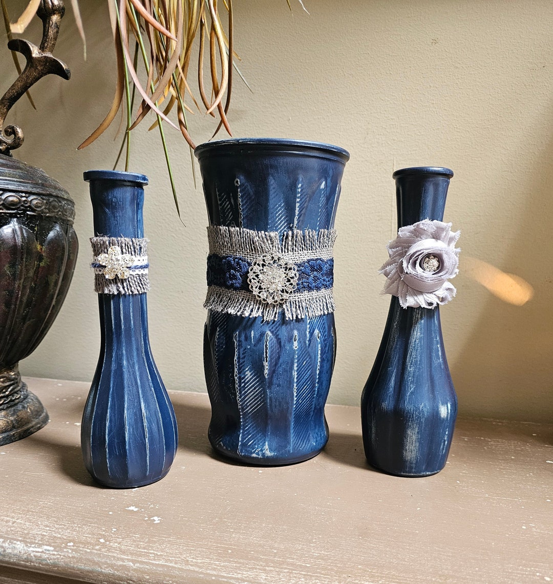 Navy Blue Vase Glass Vintage Home Decor Flower Hand Painted Dark Bud ...