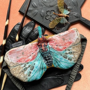Op de afbeelding: Een kleurrijk vlindervormig oogmasker met een zwarte band rust op zwarte leren handschoenen. Een zwarte handspiegel met bloemen- en vogelgravures en een bewaard insect zijn ook zichtbaar. Twee decoratieve veren zijn links.