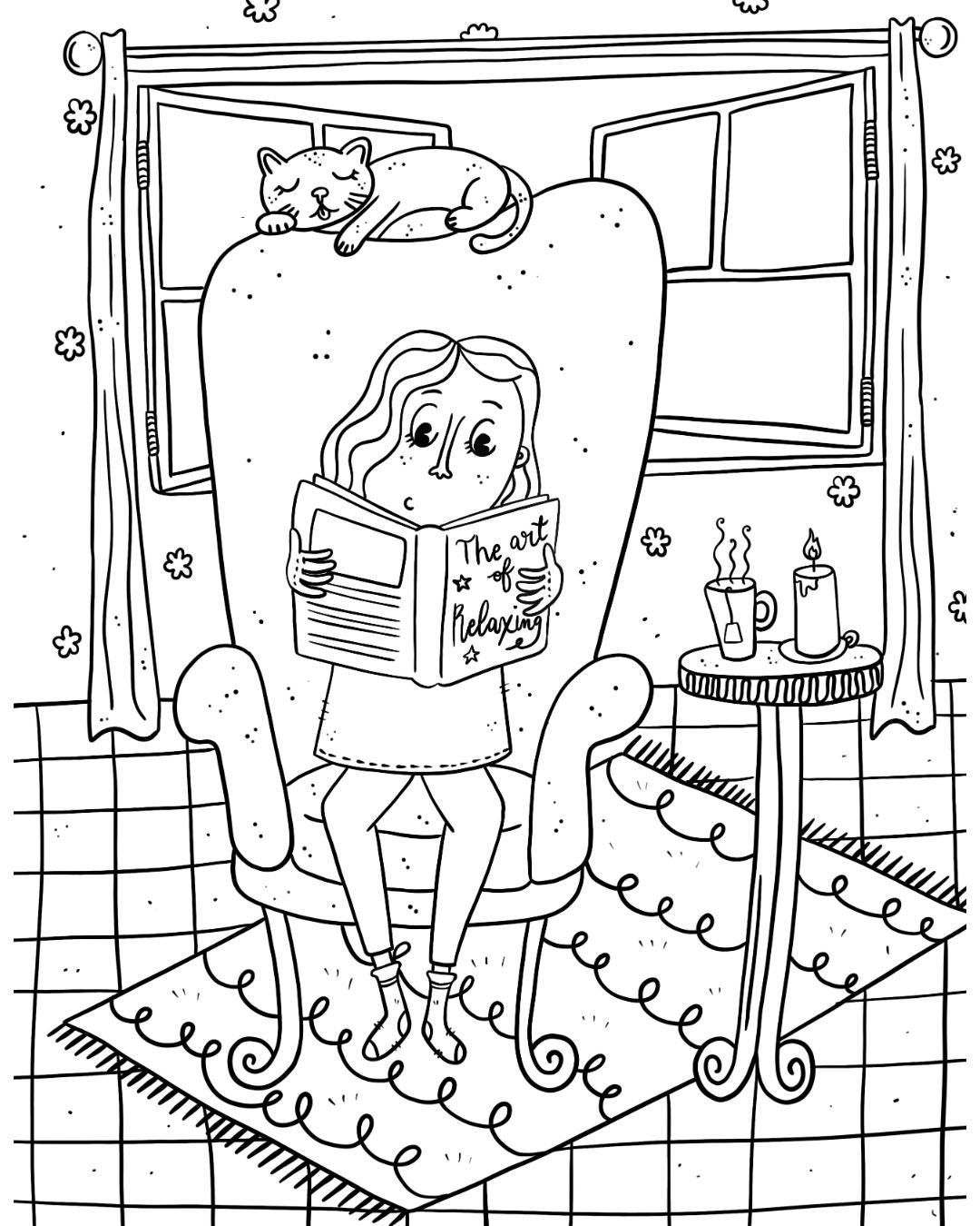 The Art of Relaxing Coloring Page | Cozy Reading Scene | Hand Drawn ...