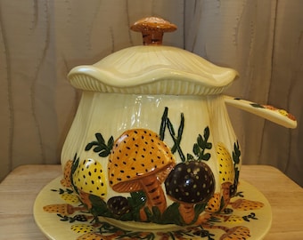 Vintage 1970s ARNELS SOUP TUREEN plus Ladle and Underplate Set Rare "Merry Mushrooms"