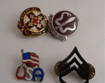 Lot of 4 Vintage Military Hat Pins U.S. Army Brass Staff Sgt. Medical Unit