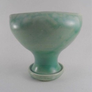 Ewenny Pottery Oval Eye Shaped Posy Vase Light Green Mottled Glaze Signed Wales