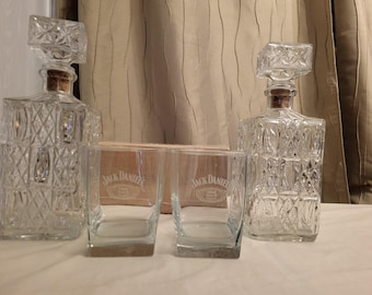 Vintage Clear Decanters Diamond Design Pressed Glass 1970's & Jack Daniels Glasses