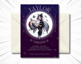 May include: Purple invitation with a butterfly design and the text "TAYLOR IS TURNING 11" with details for a birthday party at Skyzone Trampoline Park.
