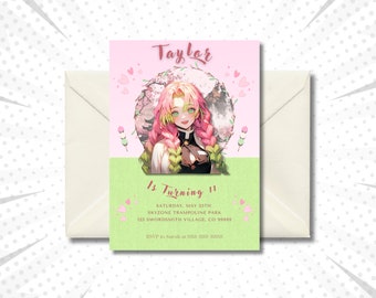 May include: Pink and green birthday invitation with a cartoon illustration of a girl with pink hair and green eyes. The text on the invitation reads "Taylor is Turning 11" and includes the date, time, and location of the party.