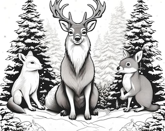 May include: A black and white illustration of a deer, fox, and rabbit in a snowy forest setting. The animals are sitting and looking at each other. The background is filled with pine trees and snowflakes.