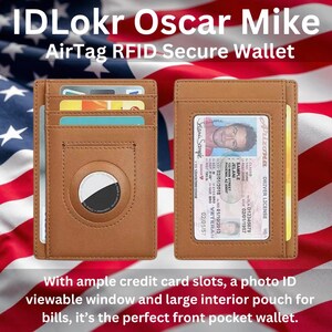 May include: A brown leather wallet with a built-in AirTag holder. The wallet has multiple card slots, a photo ID window, and a large interior pouch for bills. The text "IDLokr Oscar Mike AirTag RFID Secure Wallet" is displayed above the wallet.