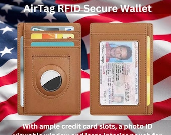 May include: A brown leather wallet with a built-in AirTag holder. The wallet has multiple card slots, a photo ID window, and a large interior pouch for bills. The text "IDLokr Oscar Mike AirTag RFID Secure Wallet" is displayed above the wallet.