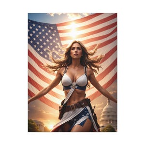 May include: A woman in a white and blue star-spangled bikini top and matching skirt stands in front of an American flag. She is holding a gun in each hand and has a determined look on her face.