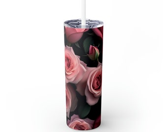 Pink Rose Skinny Tumbler with Straw, 20oz